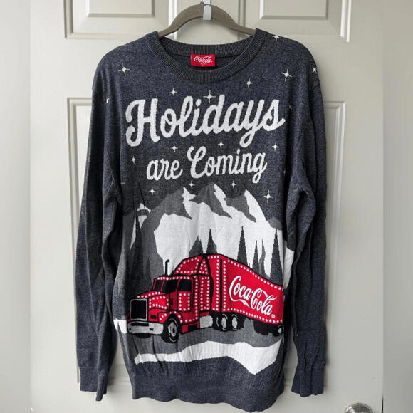 Coca-Cola Holidays Are Coming Christmas Truck Gray Sweater Size Large L Y2K - Picture 3 of 9